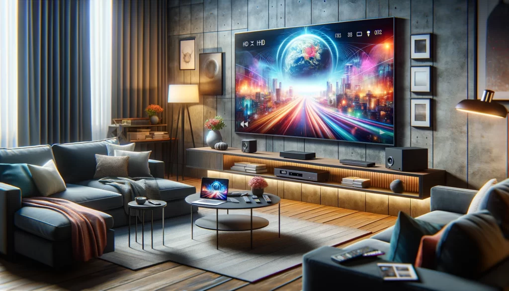Illustration of a modern living room with a smart TV displaying an FHD IPTV interface